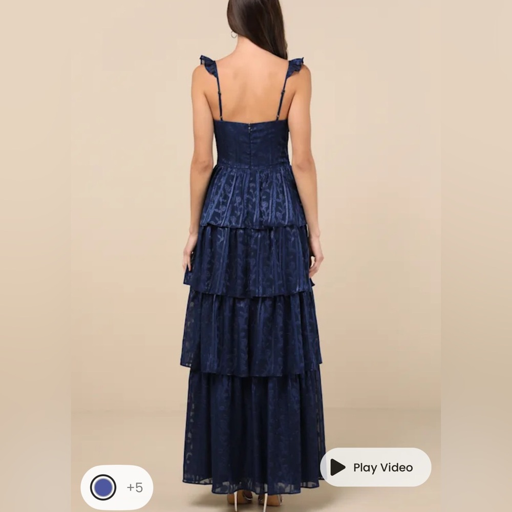 Lulus Stunning Glory Navy Blue Floral Jacquard Tiered Maxi Dress - Size S - Picture 4 of 5
